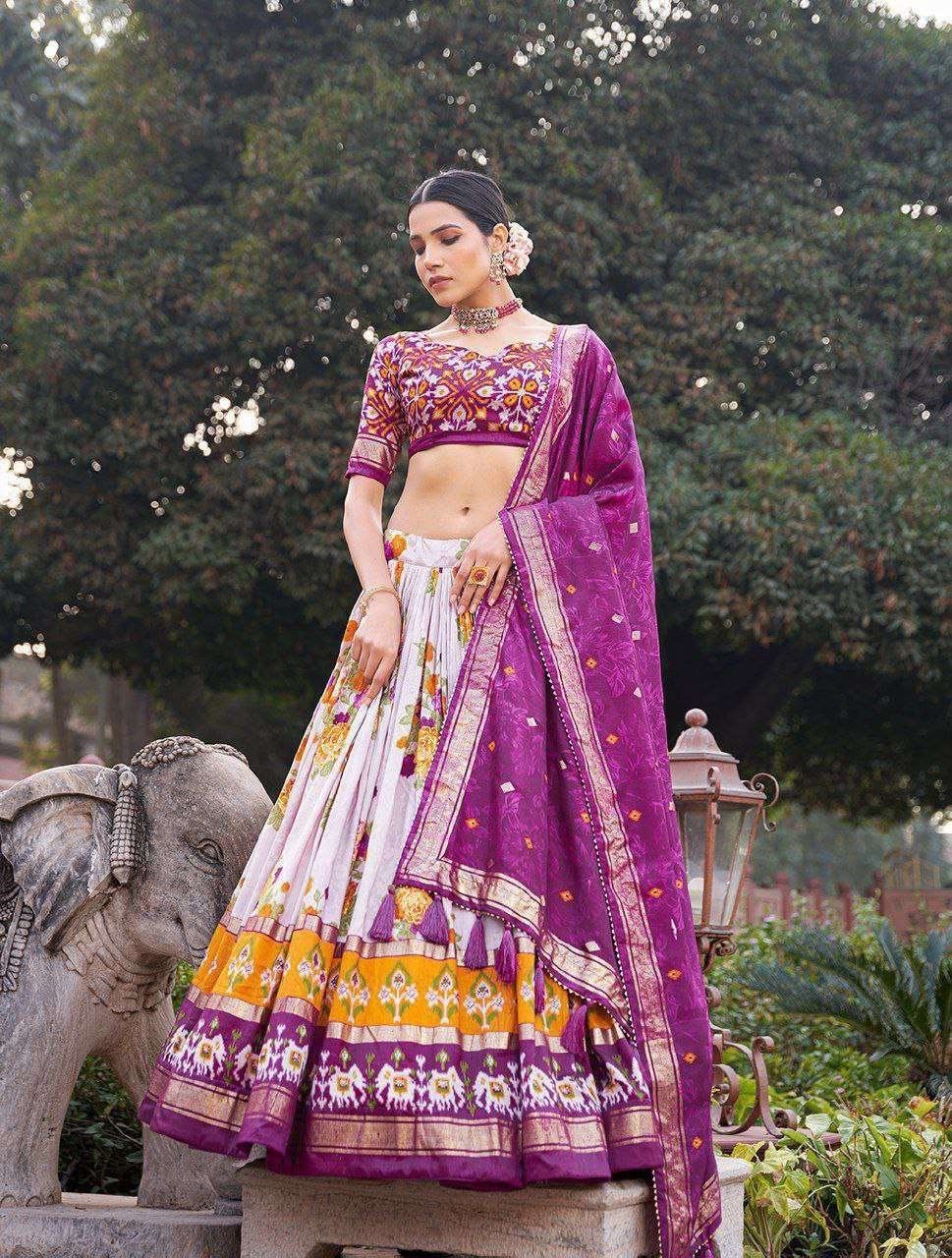 White Tussar Silk Lehenga Choli with Maroon Blouse | Patola Print & Foil Work | Wedding & Festive Wear